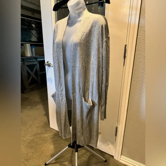 Light Gray Open Front Long 5% Cashmere Cardigan Sz S - Picture 2 of 15